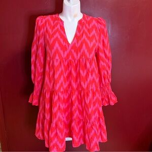 Pomander Place Pink Ikat Tiered Babydoll Dress XL Boho Beach Resort